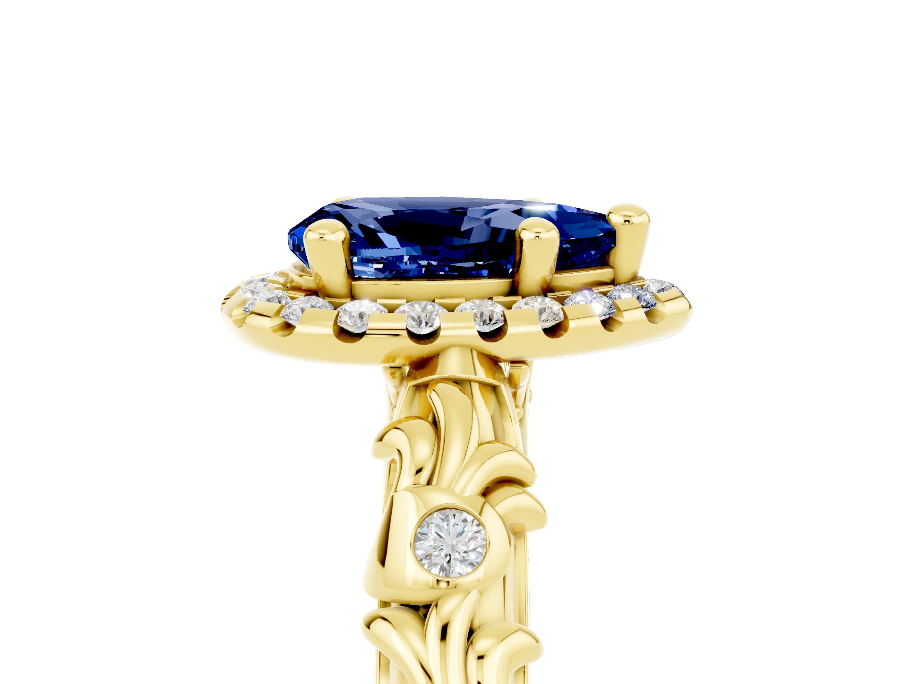 Yellow gold Pear Cut Halo Diamond Solitaire with Filigree Band and Four-Prong Setting_5
