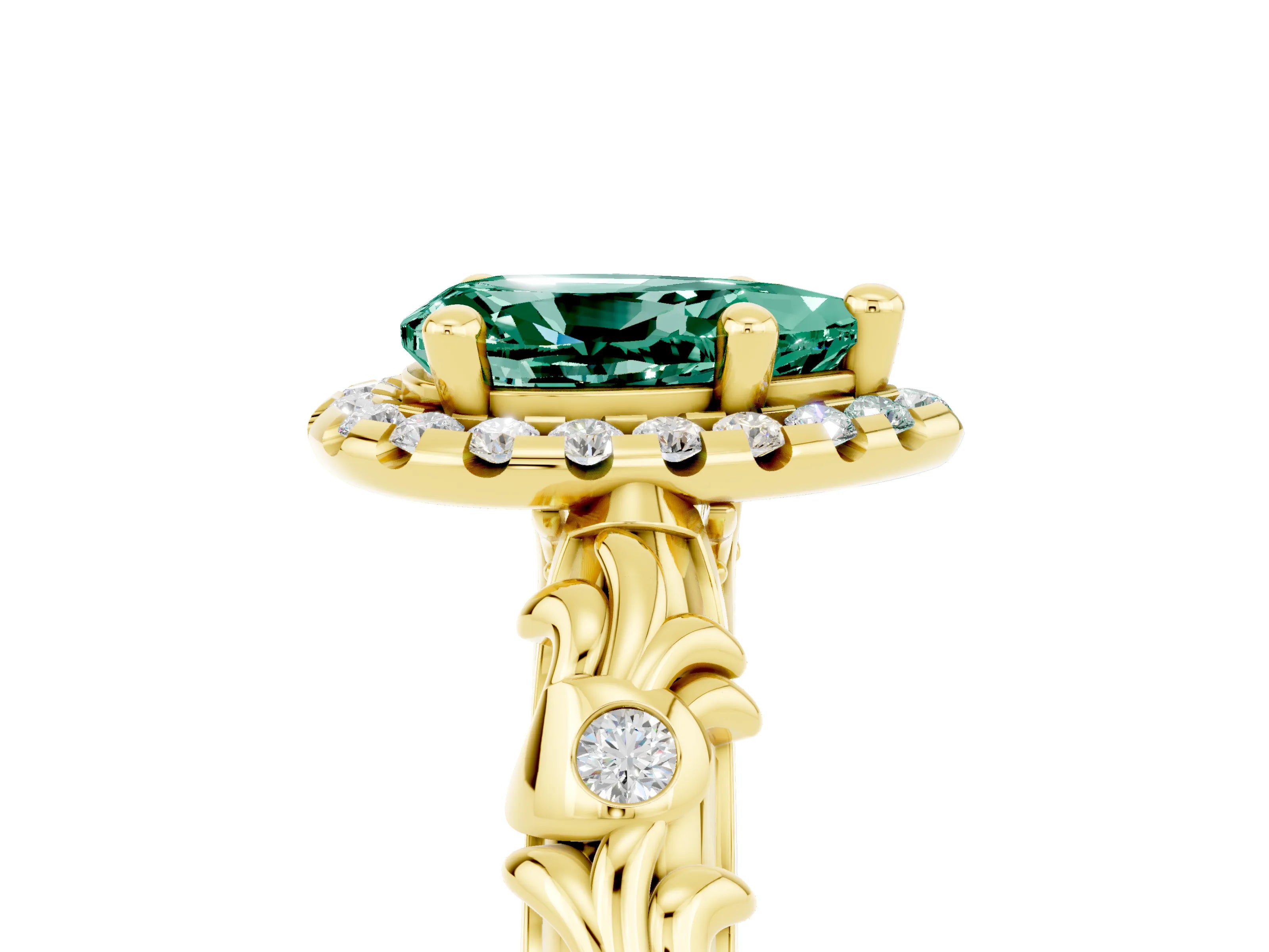 Yellow gold Pear Cut Halo Diamond Solitaire with Filigree Band and Four-Prong Setting_5