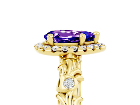 Yellow gold Pear Cut Halo Diamond Solitaire with Filigree Band and Four-Prong Setting_5