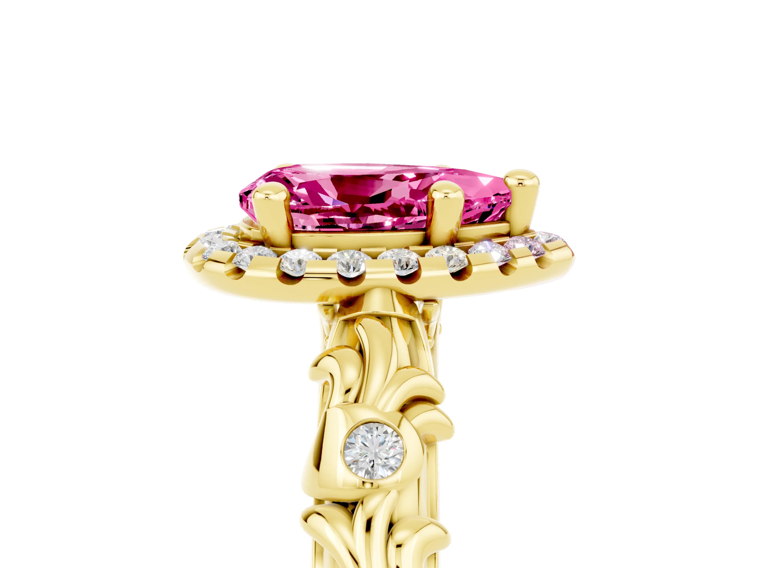 Yellow gold Pear Cut Halo Diamond Solitaire with Filigree Band and Four-Prong Setting_5