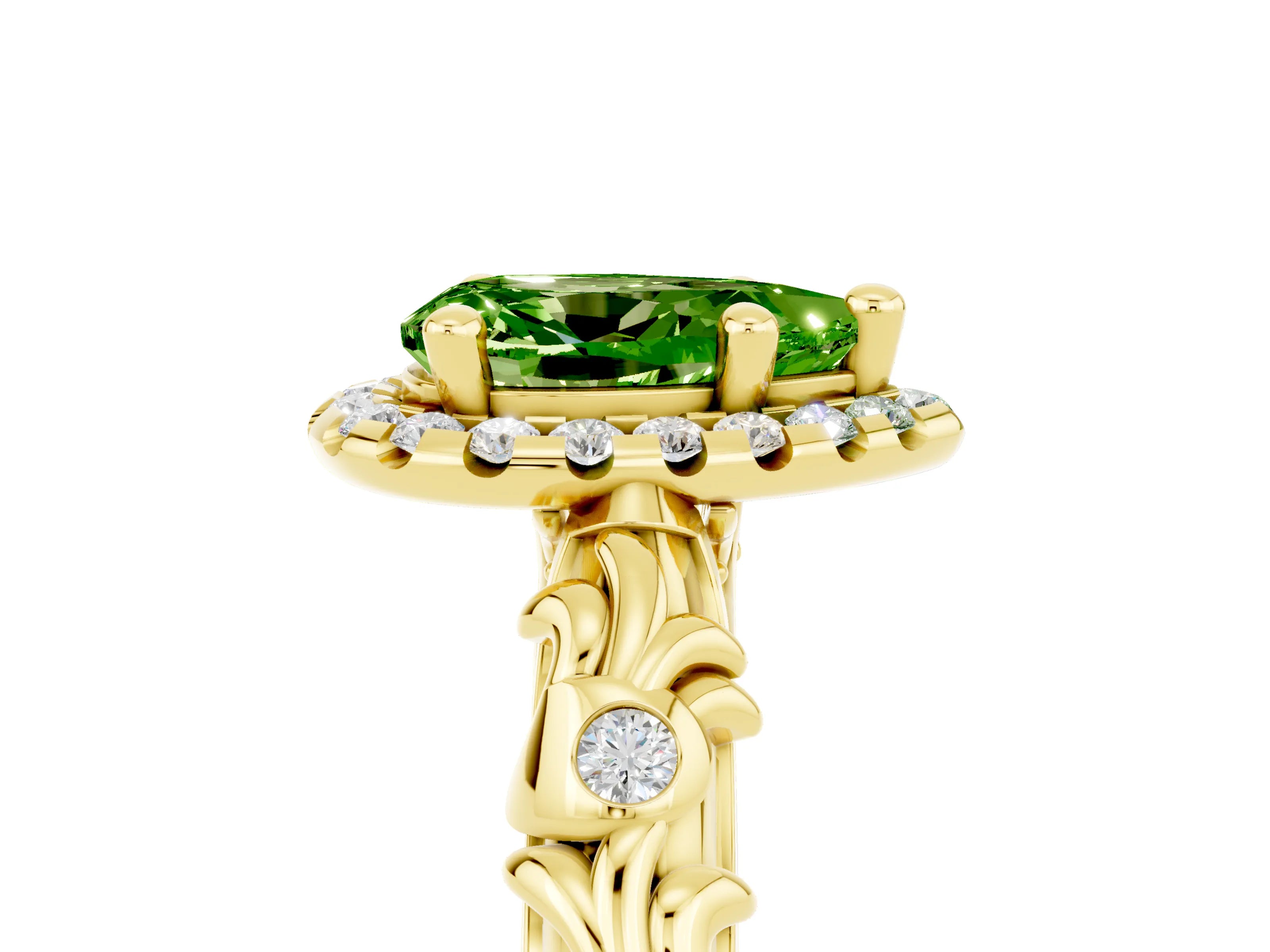Yellow gold Pear Cut Halo Diamond Solitaire with Filigree Band and Four-Prong Setting_5
