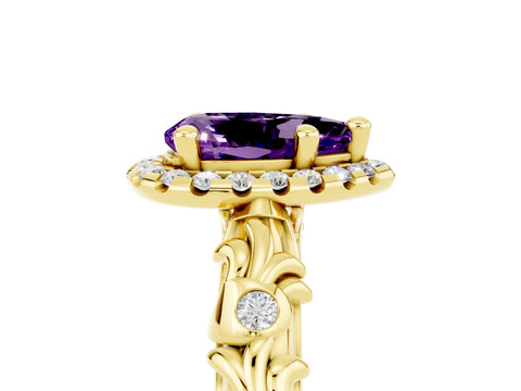 Yellow gold Pear Cut Halo Diamond Solitaire with Filigree Band and Four-Prong Setting_5