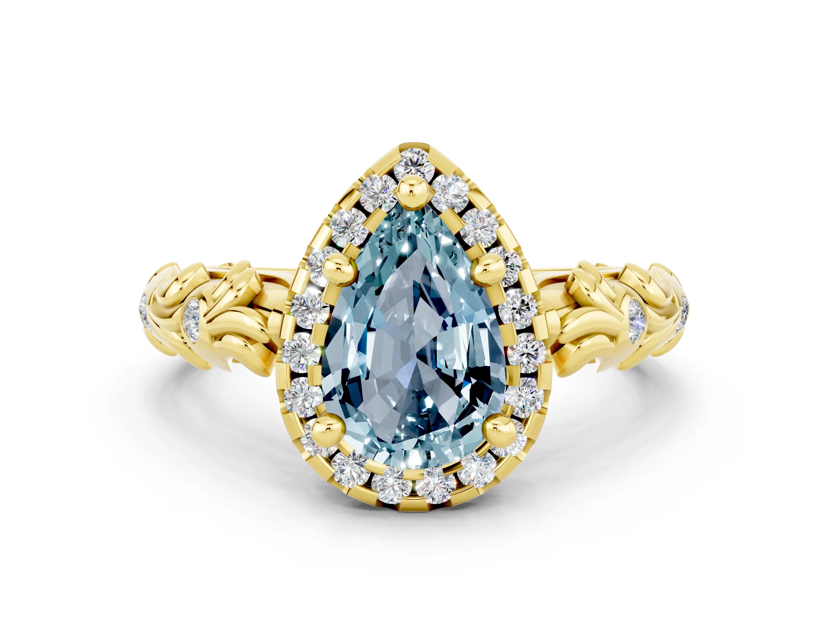 Yellow gold Pear Cut Halo Diamond Solitaire with Filigree Band and Four-Prong Setting