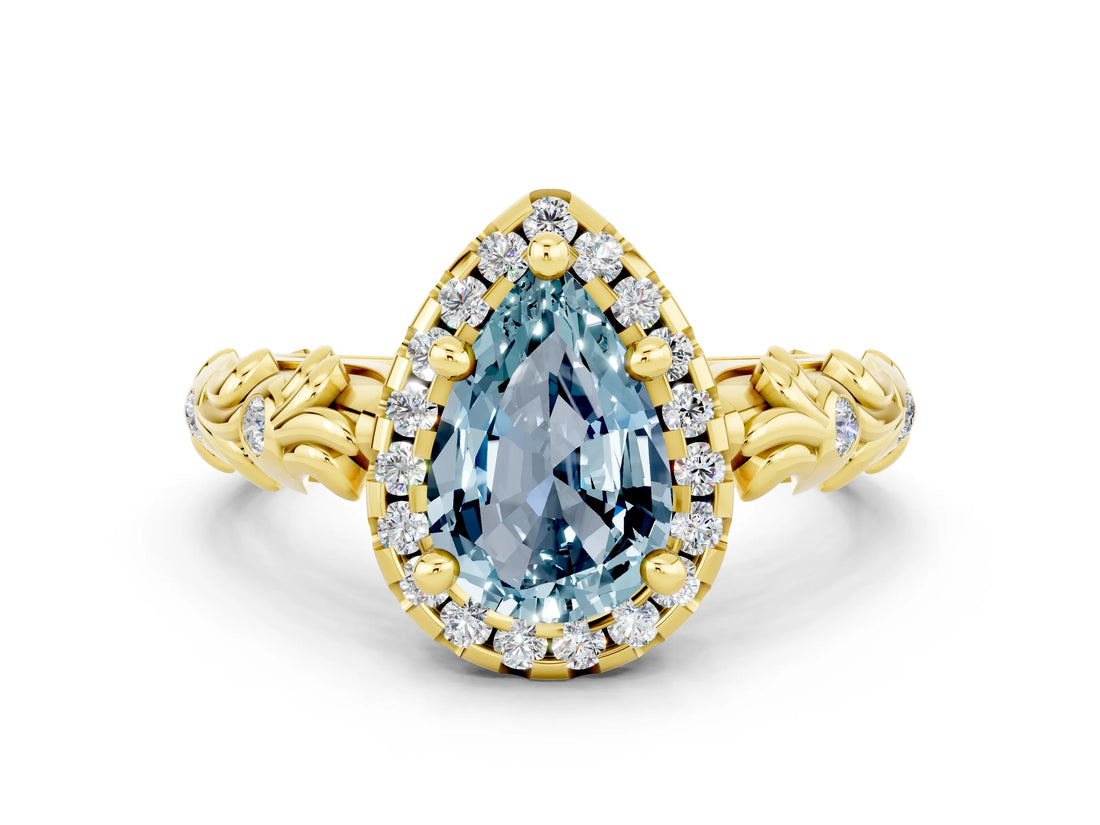 Yellow gold Pear Cut Halo Diamond Solitaire with Filigree Band and Four-Prong Setting