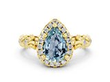 Yellow gold Pear Cut Halo Diamond Solitaire with Filigree Band and Four-Prong Setting