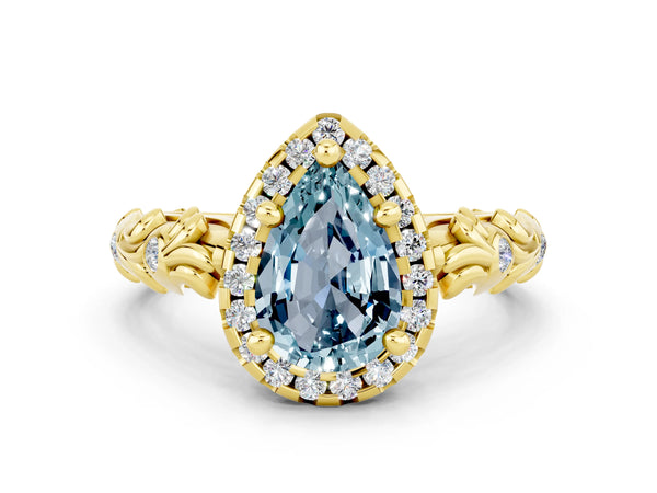 Yellow gold Pear Cut Aquamarine Halo Ring with Filigree Band and Prong Setting