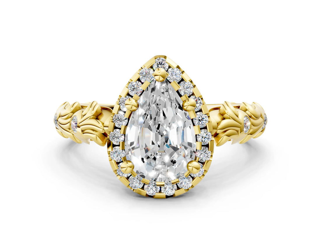 Yellow gold Pear Cut Halo Diamond Solitaire with Filigree Band and Four-Prong Setting_7