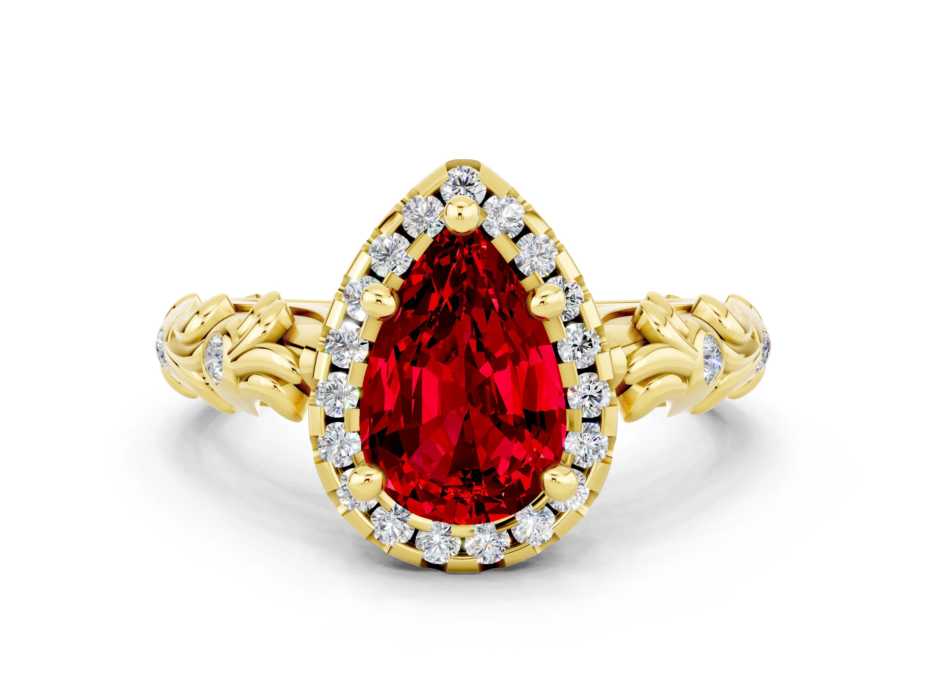 Yellow gold Pear Cut Halo Diamond Solitaire with Filigree Band and Four-Prong Setting