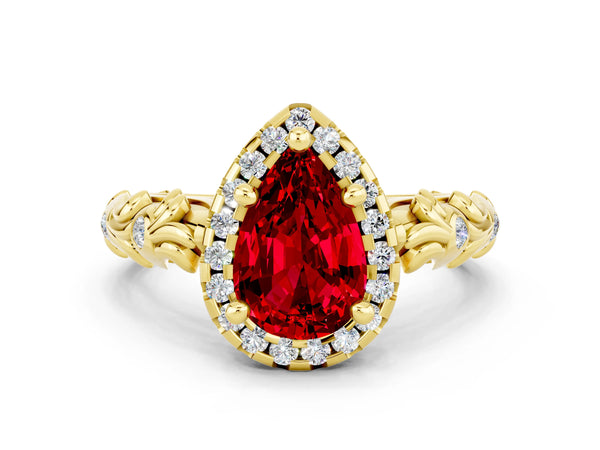 Yellow gold Pear Cut Ruby Halo Ring with Filigree Band and Prong Setting