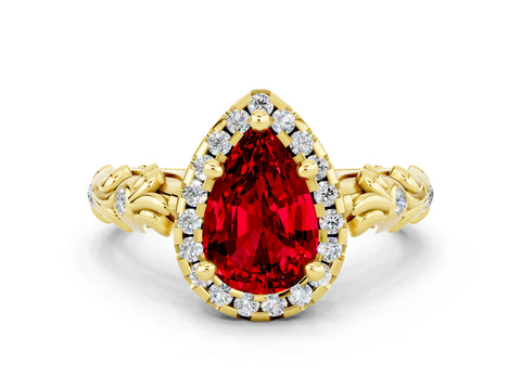 Yellow gold Pear Cut Halo Diamond Solitaire with Filigree Band and Four-Prong Setting