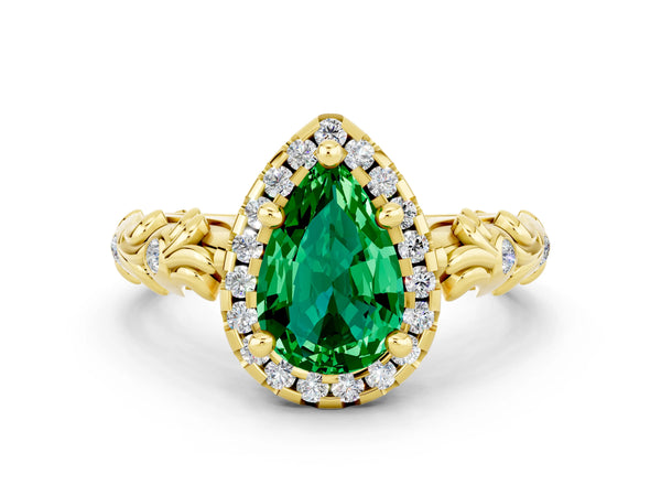 Yellow gold Pear Cut Emerald Halo Ring with Filigree Band and Prong Setting