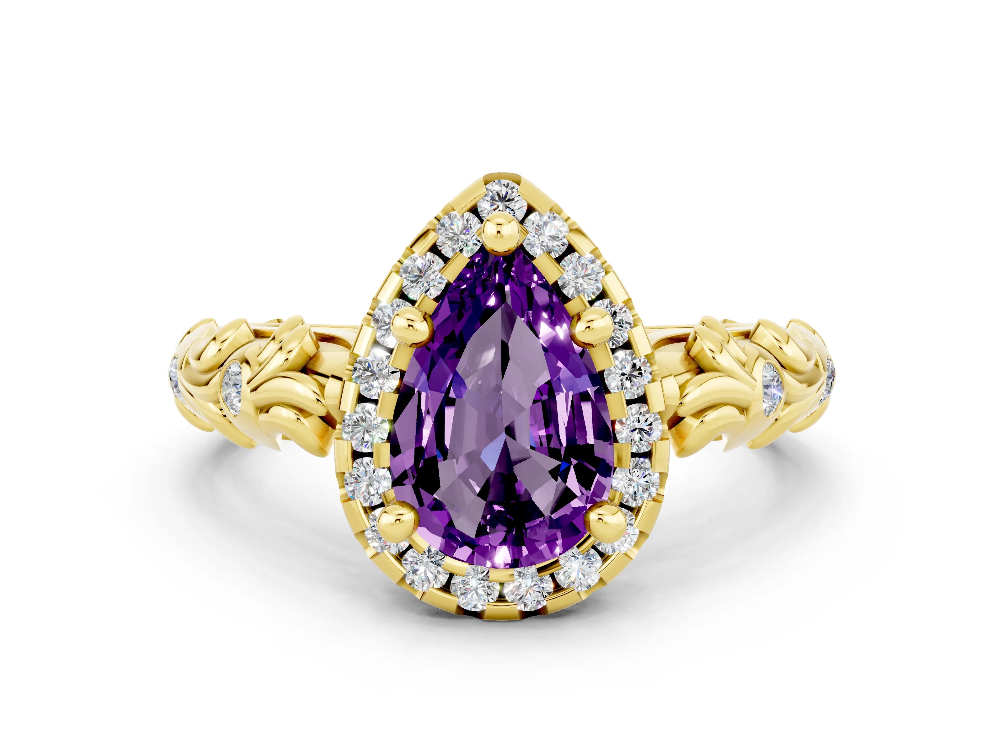 Yellow gold Pear Cut Halo Diamond Solitaire with Filigree Band and Four-Prong Setting