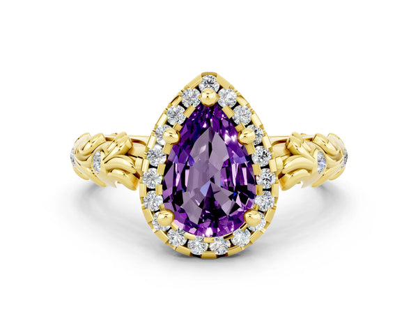 Yellow gold Pear Cut Amethyst Halo Ring with Filigree Band and Prong Setting