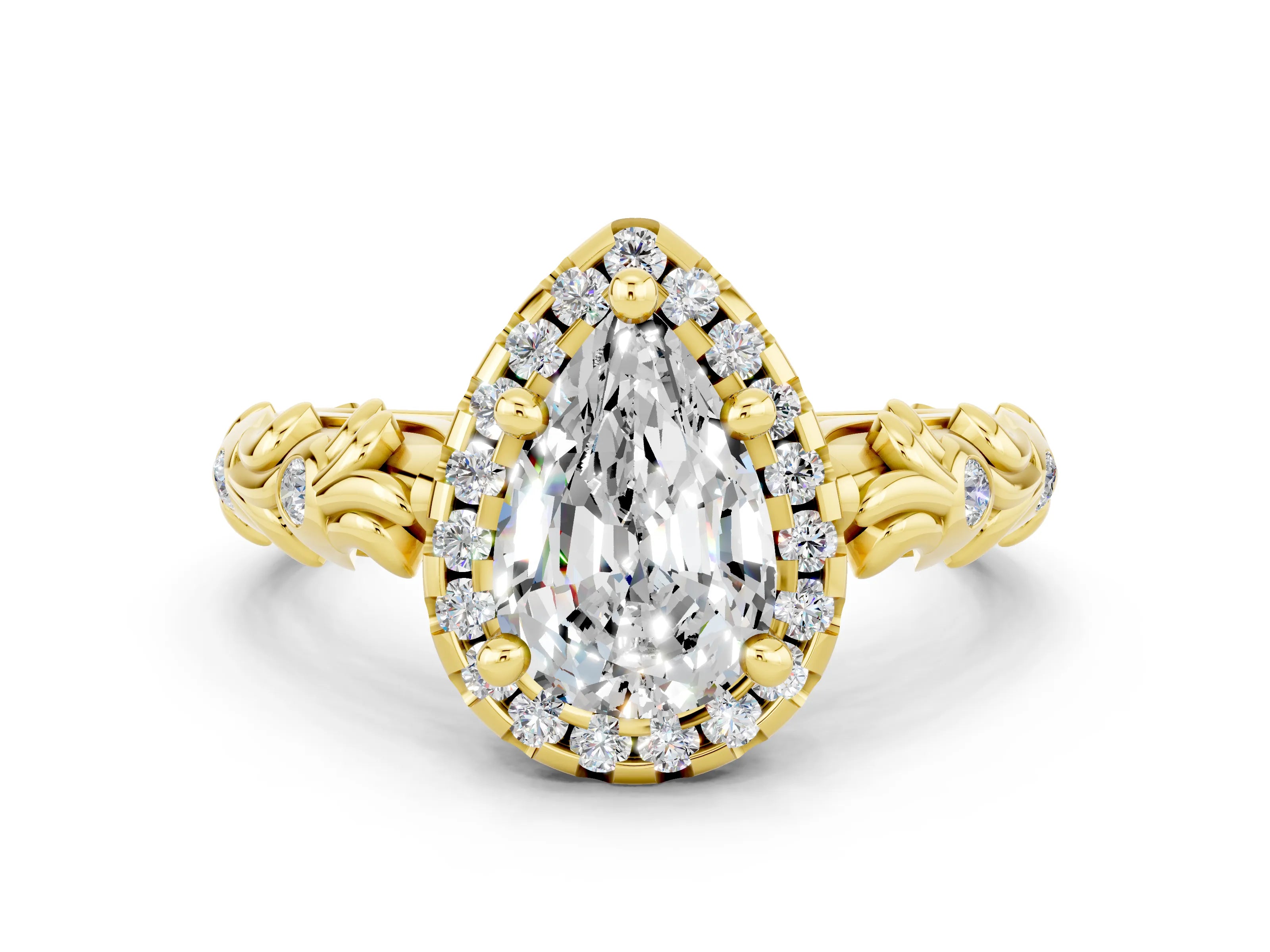 Yellow gold Pear Cut Halo Diamond Solitaire with Filigree Band and Four-Prong Setting