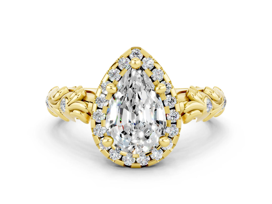 Yellow gold Pear Cut Halo Diamond Solitaire with Filigree Band and Four-Prong Setting