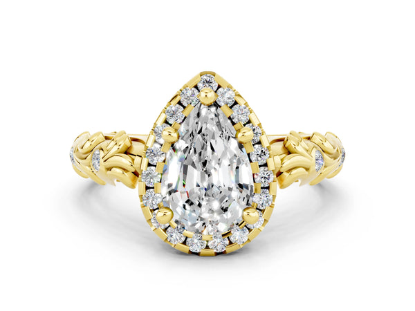 Yellow gold Pear Cut Moissanite Halo Ring with Filigree Band and Prong Setting