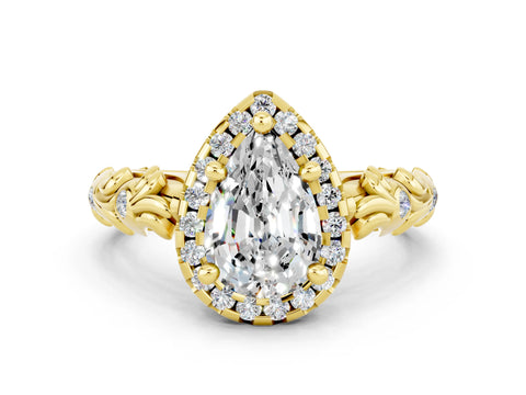 Yellow gold Pear Cut Halo Diamond Solitaire with Filigree Band and Four-Prong Setting