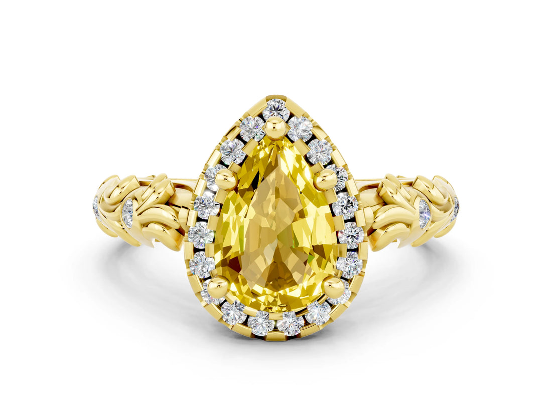 Yellow gold Pear Cut Halo Diamond Solitaire with Filigree Band and Four-Prong Setting