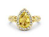 Yellow gold Pear Cut Halo Diamond Solitaire with Filigree Band and Four-Prong Setting