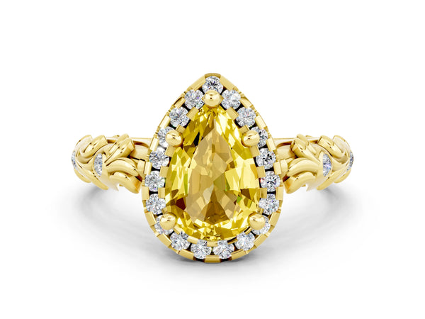 Yellow gold Pear Cut Yellow Sapphire Halo Ring with Filigree Band and Prong Setting
