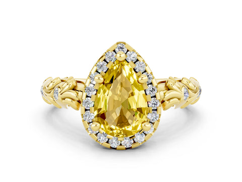 Yellow gold Pear Cut Halo Diamond Solitaire with Filigree Band and Four-Prong Setting