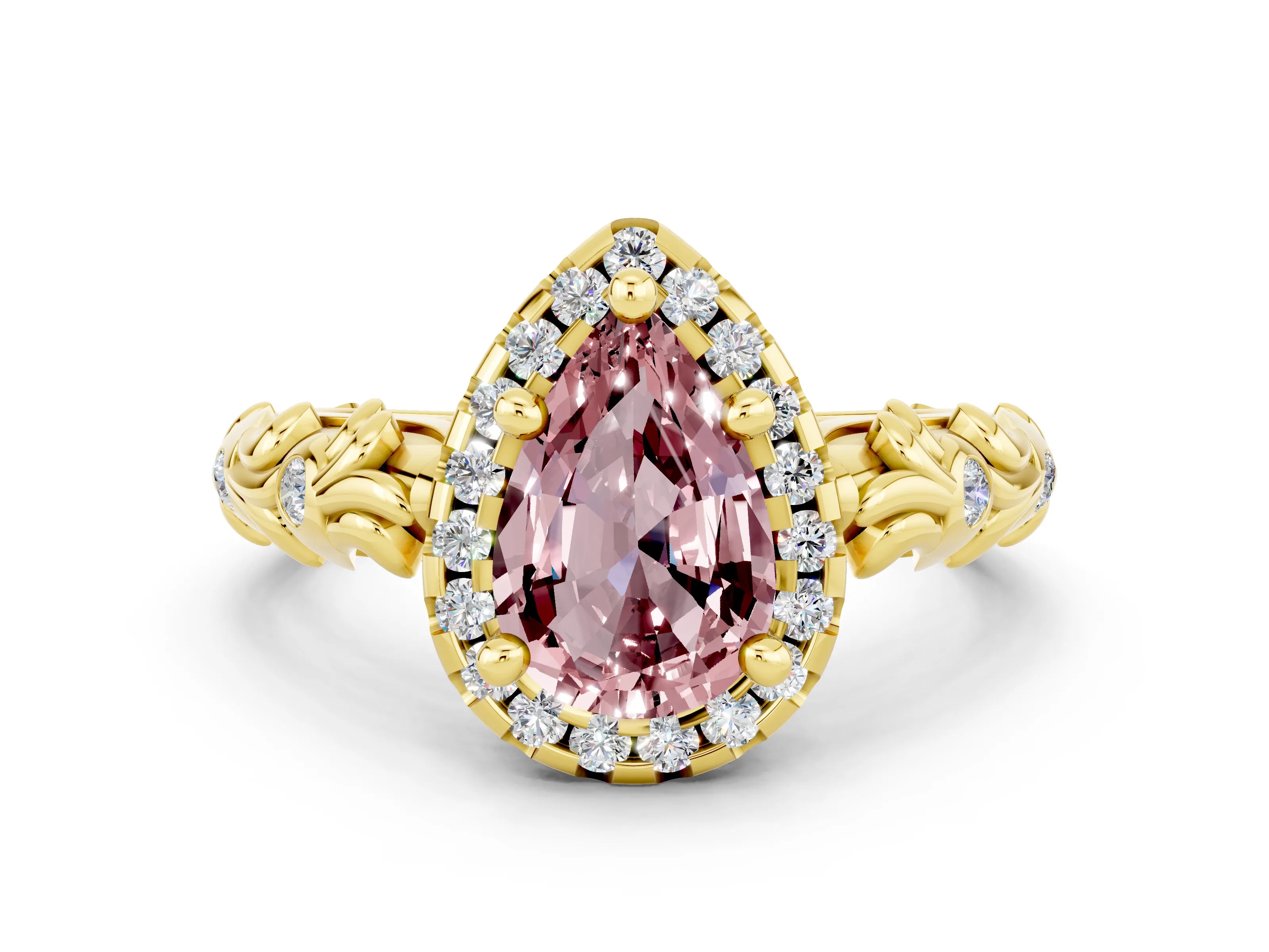 Yellow gold Pear Cut Halo Diamond Solitaire with Filigree Band and Four-Prong Setting