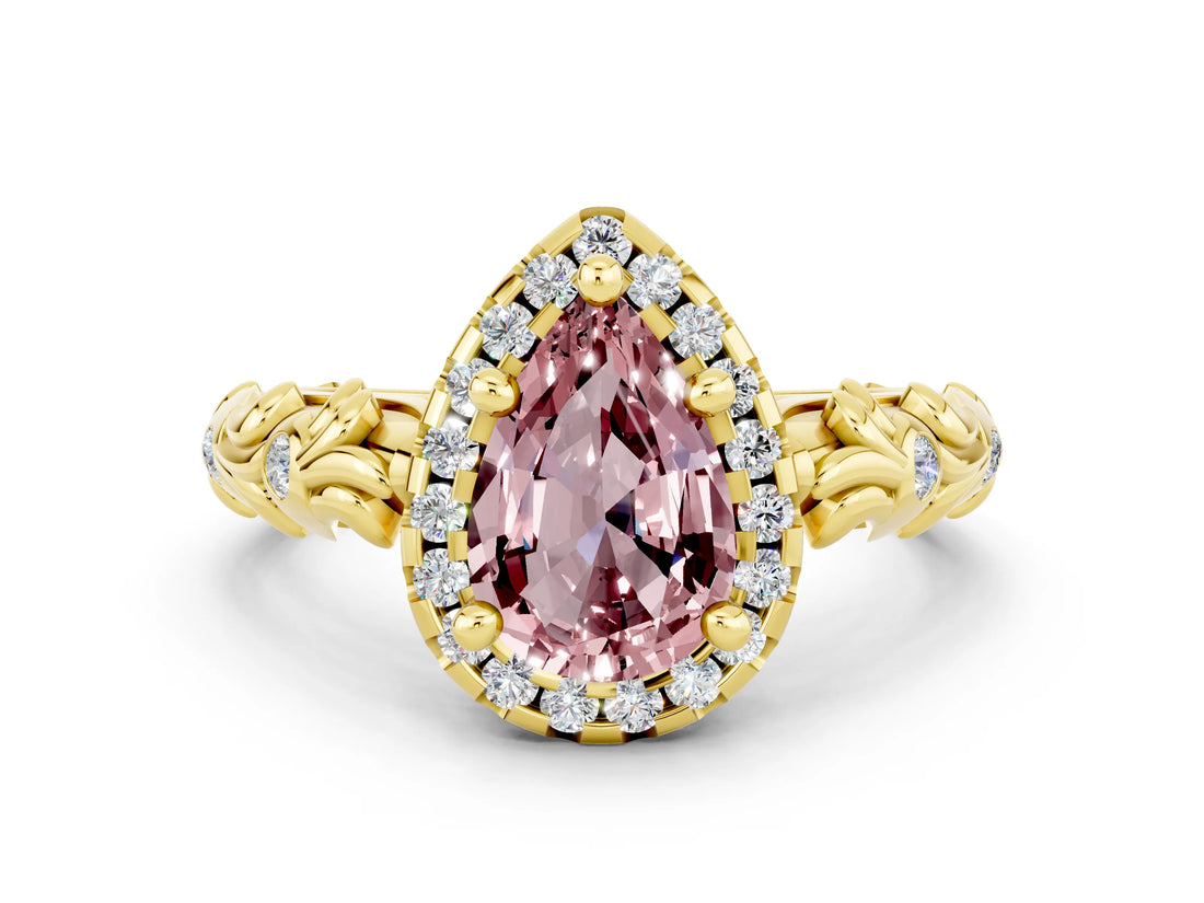 Yellow gold Pear Cut Halo Diamond Solitaire with Filigree Band and Four-Prong Setting