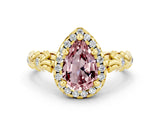 Yellow gold Pear Cut Halo Diamond Solitaire with Filigree Band and Four-Prong Setting