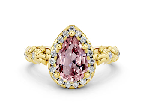 Yellow gold Pear Cut Halo Diamond Solitaire with Filigree Band and Four-Prong Setting