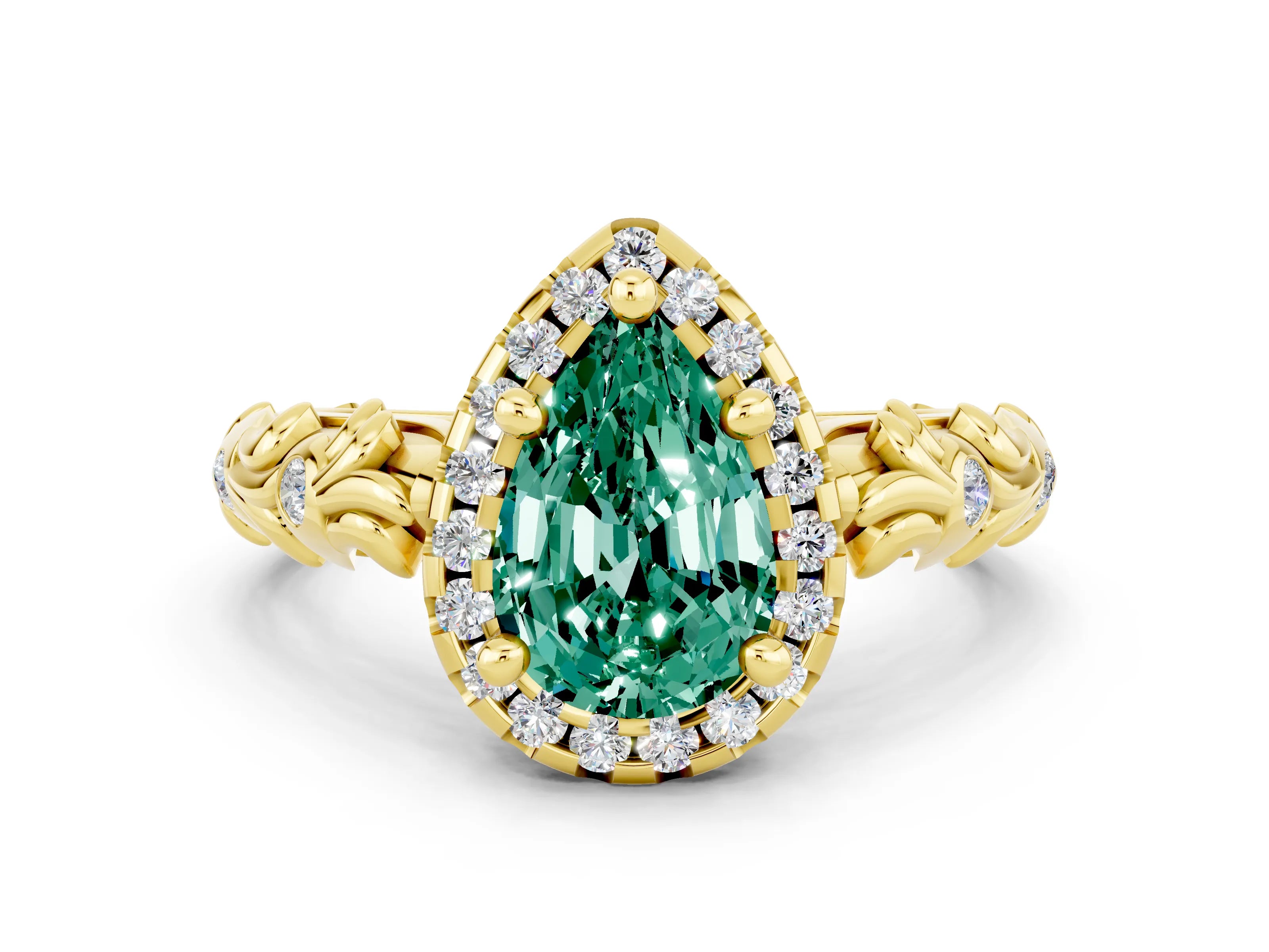 Yellow gold Pear Cut Halo Diamond Solitaire with Filigree Band and Four-Prong Setting