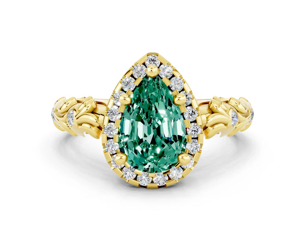 Yellow gold Pear Cut Green Sapphire Halo Ring with Filigree Band and Prong Setting
