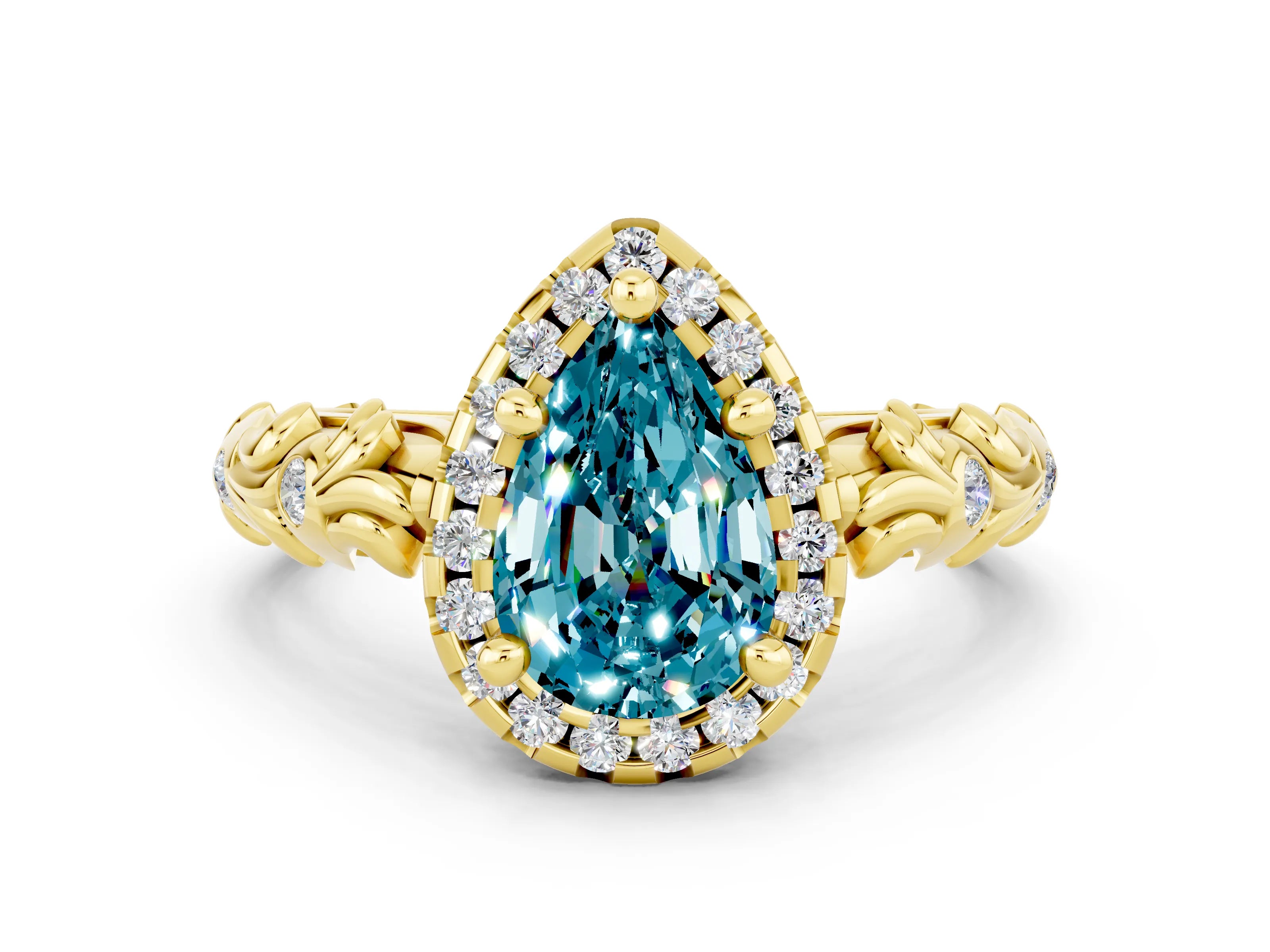 Yellow gold Pear Cut Halo Diamond Solitaire with Filigree Band and Four-Prong Setting
