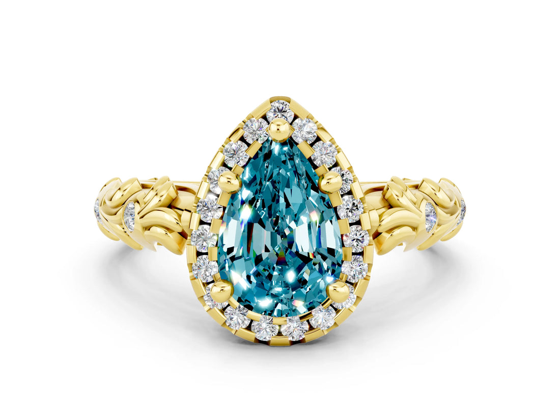 Yellow gold Pear Cut Halo Diamond Solitaire with Filigree Band and Four-Prong Setting