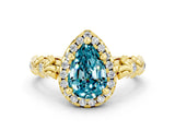 Yellow gold Pear Cut Halo Diamond Solitaire with Filigree Band and Four-Prong Setting