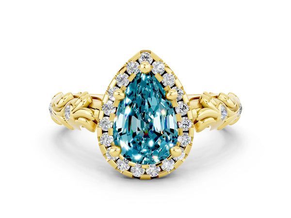 Yellow gold Pear Cut Halo Diamond Solitaire with Filigree Band and Four-Prong Setting