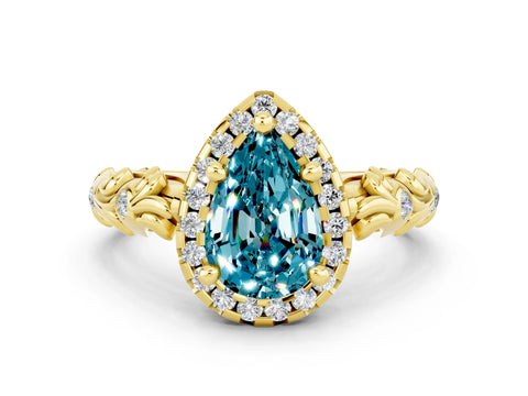 Yellow gold Pear Cut Halo Diamond Solitaire with Filigree Band and Four-Prong Setting