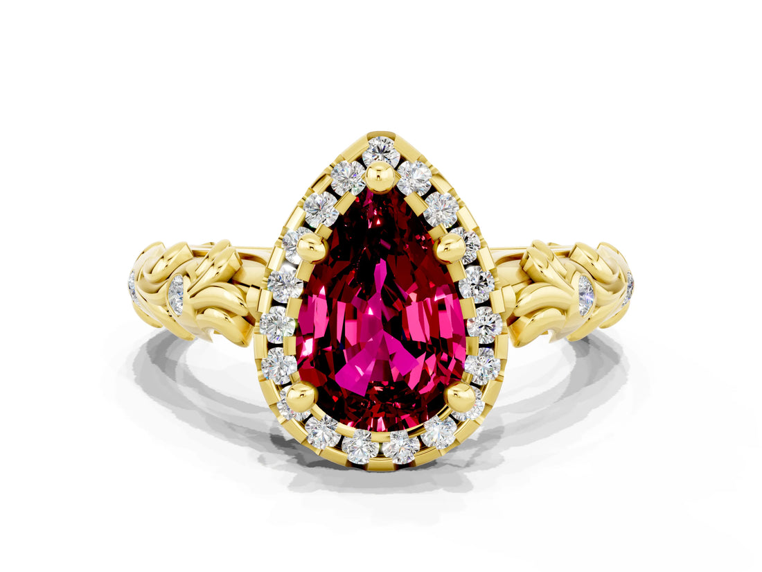 Yellow gold Pear Cut Halo Diamond Solitaire with Filigree Band and Four-Prong Setting