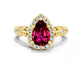 Yellow gold Pear Cut Halo Diamond Solitaire with Filigree Band and Four-Prong Setting