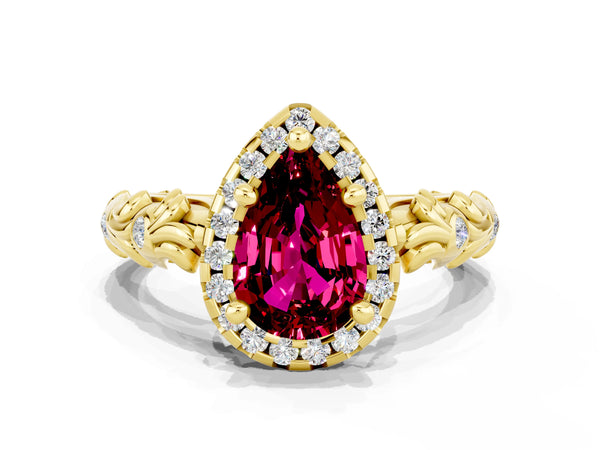 Yellow gold Pear Cut Garnet Halo Ring with Filigree Band and Prong Setting