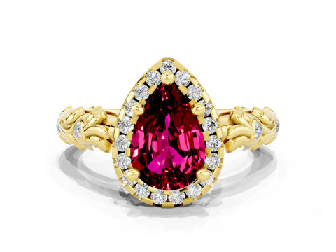 Yellow gold Pear Cut Halo Diamond Solitaire with Filigree Band and Four-Prong Setting