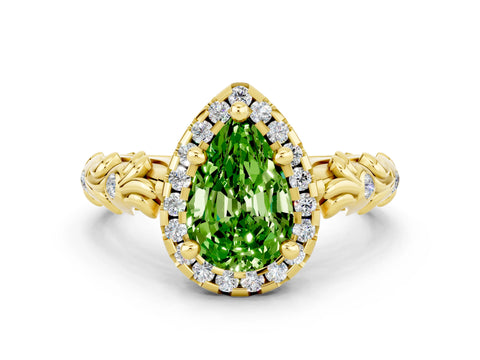 Yellow gold Pear Cut Halo Diamond Solitaire with Filigree Band and Four-Prong Setting