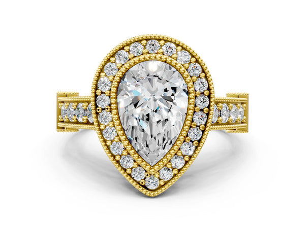 Yellow Gold Pear-Shaped Vintage Bezel Halo Engagement Ring Setting