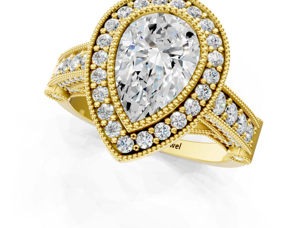 Yellow Gold Pear-Shaped Vintage Bezel Halo Engagement Ring Setting