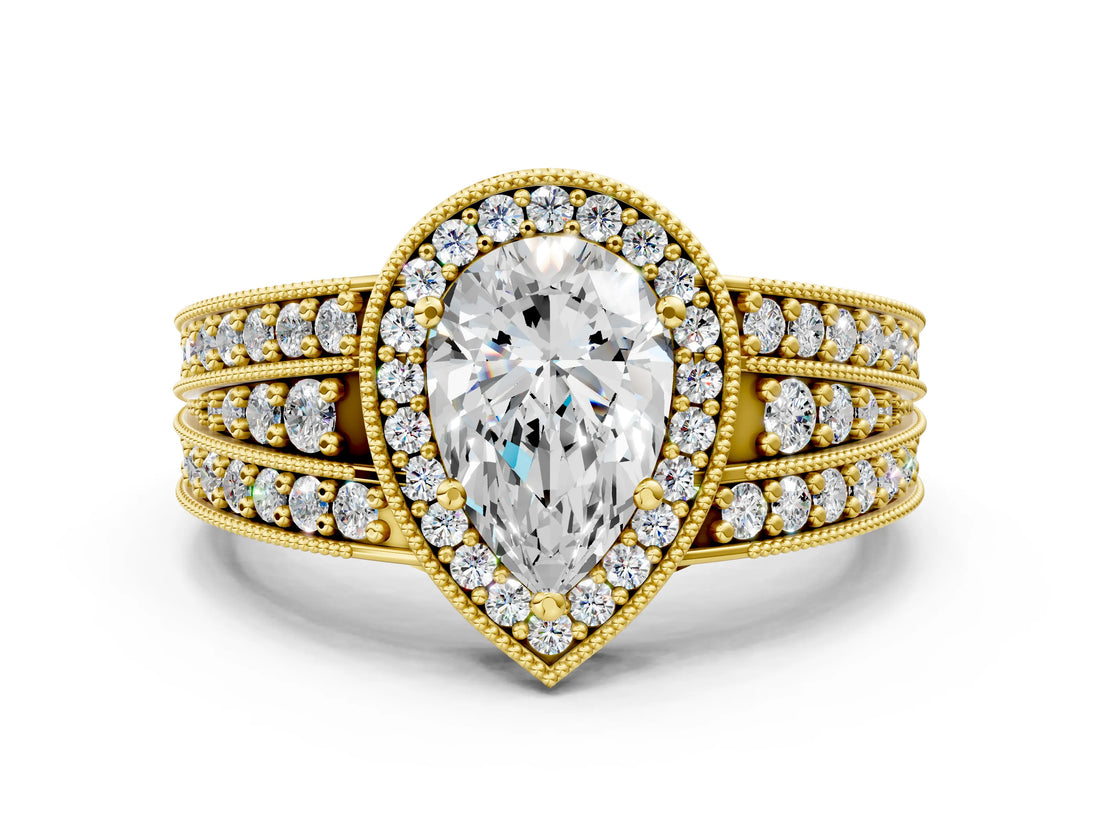 Yellow gold Pear Cut Halo Diamond Split Shank Ring with Prong Setting_15