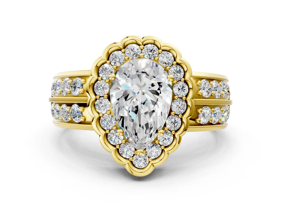 Yellow gold Pear Cut Halo Diamond Split Shank Ring with Scalloped Prong Setting_3