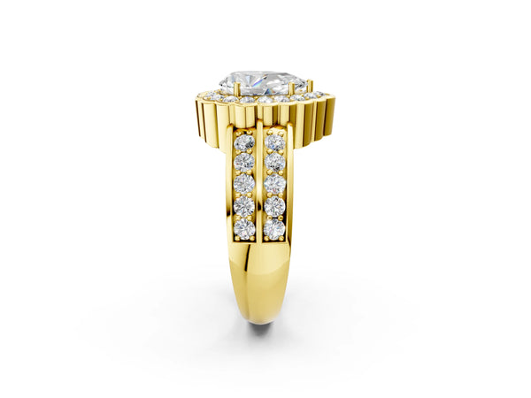 Yellow gold Pear Cut Halo Diamond Split Shank Ring with Scalloped Prong Setting