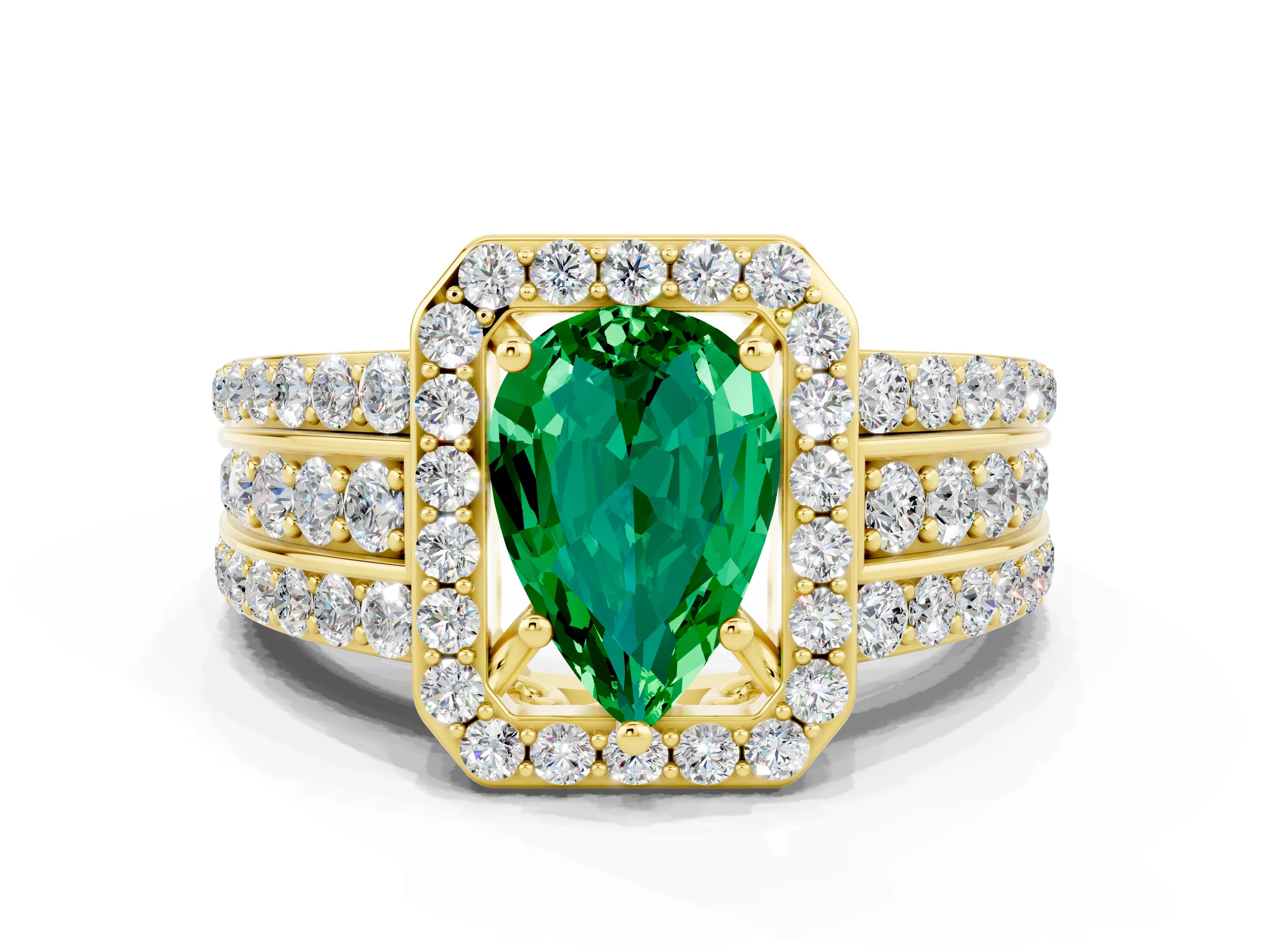 Yellow gold Pear Cut Halo Emerald Ring with Split Shank and Four-Prong Setting