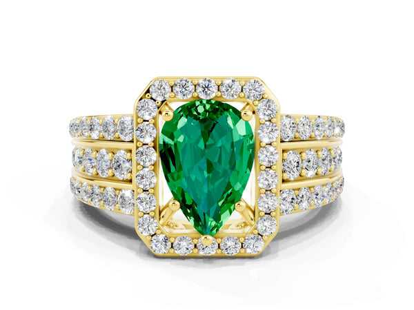 Yellow gold Pear Cut Halo Emerald Ring with Round  Split Shank and Prong Setting