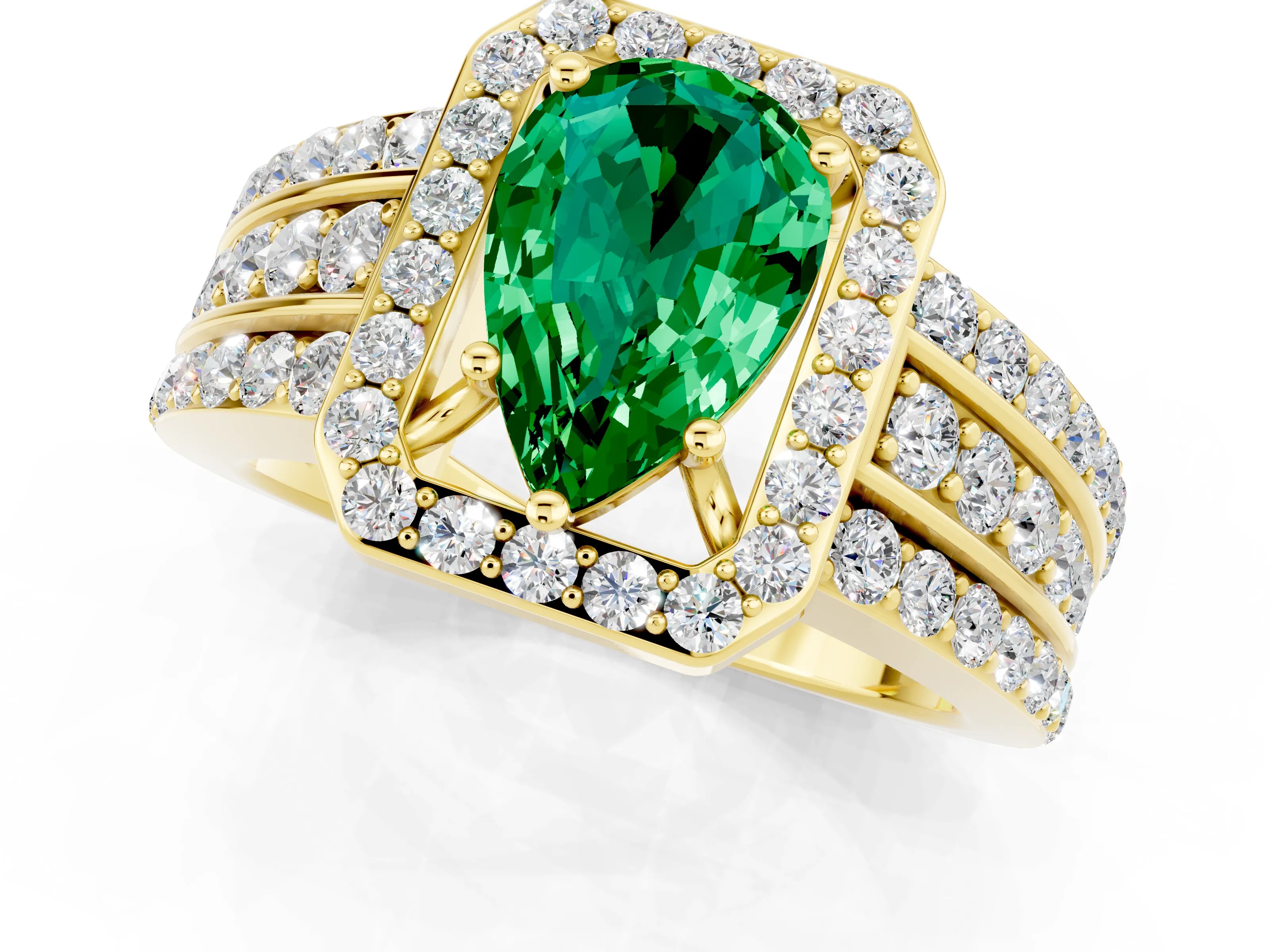 Yellow gold Pear Cut Halo Emerald Ring with Split Shank and Four-Prong Setting_1