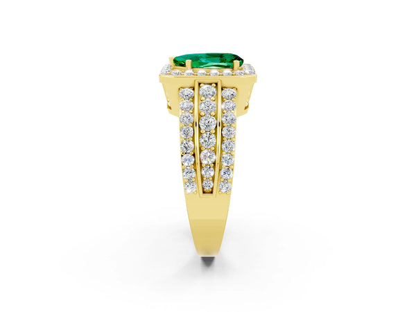 Yellow gold Pear Cut Halo Emerald Ring with Round  Split Shank and Prong Setting
